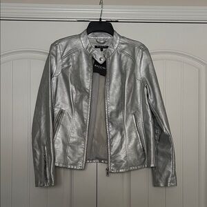 Baccini Metallic Silver Faux-Leather Moto Jacket